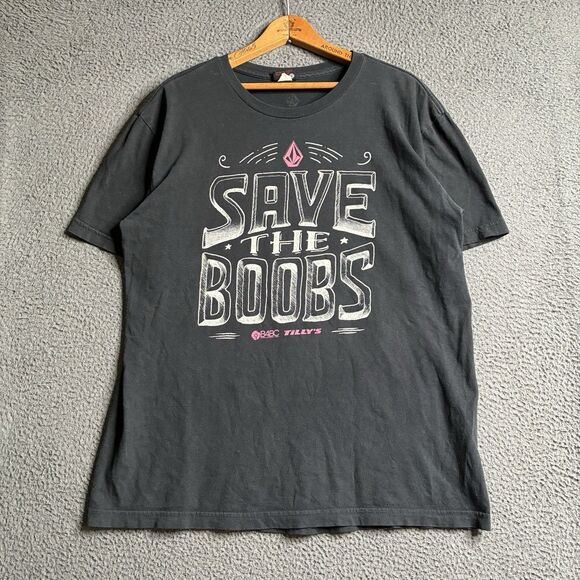 Vintage Volcom Mens L Black T Shirt Y2K Skate Save The Boobs Swag Era Boobies - Picture 1 of 10